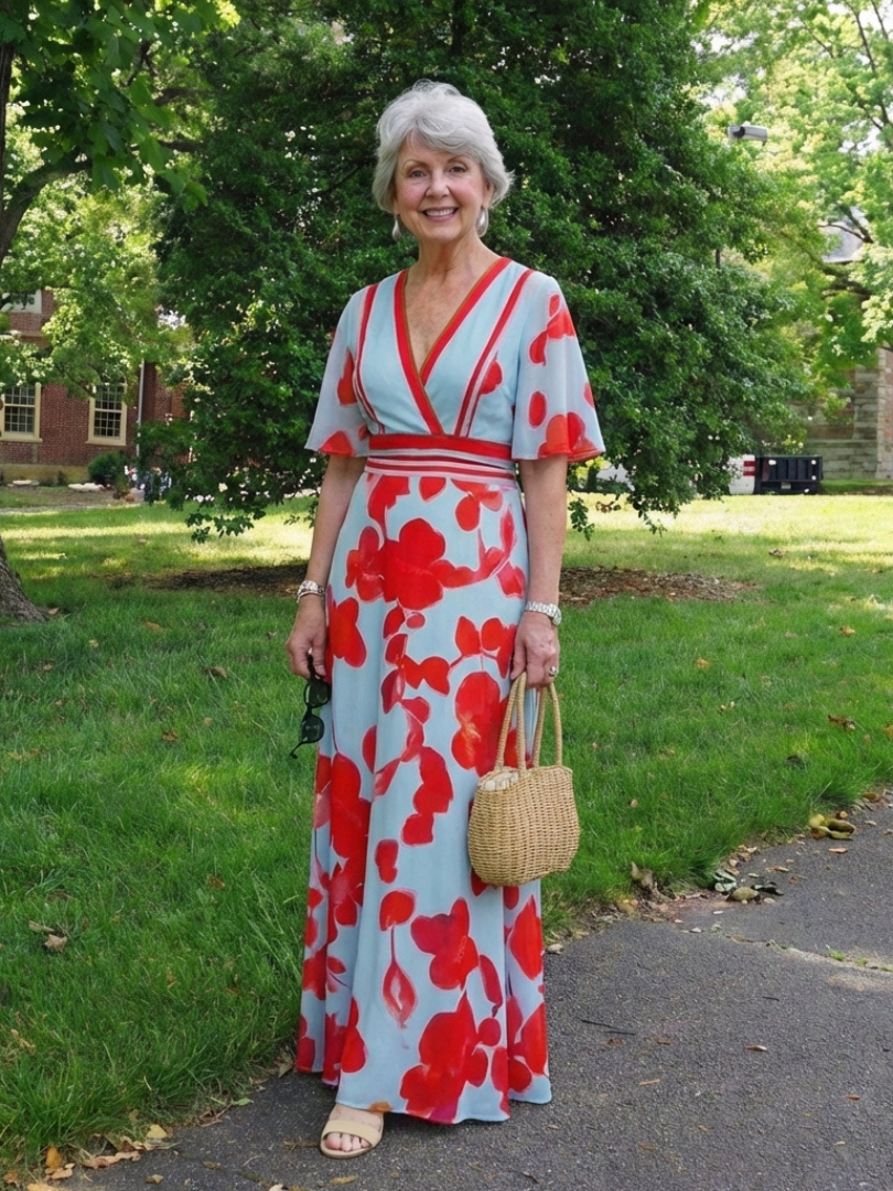 Corinne | Abito Maxi Floreale con Scollo a V e Maniche Corte