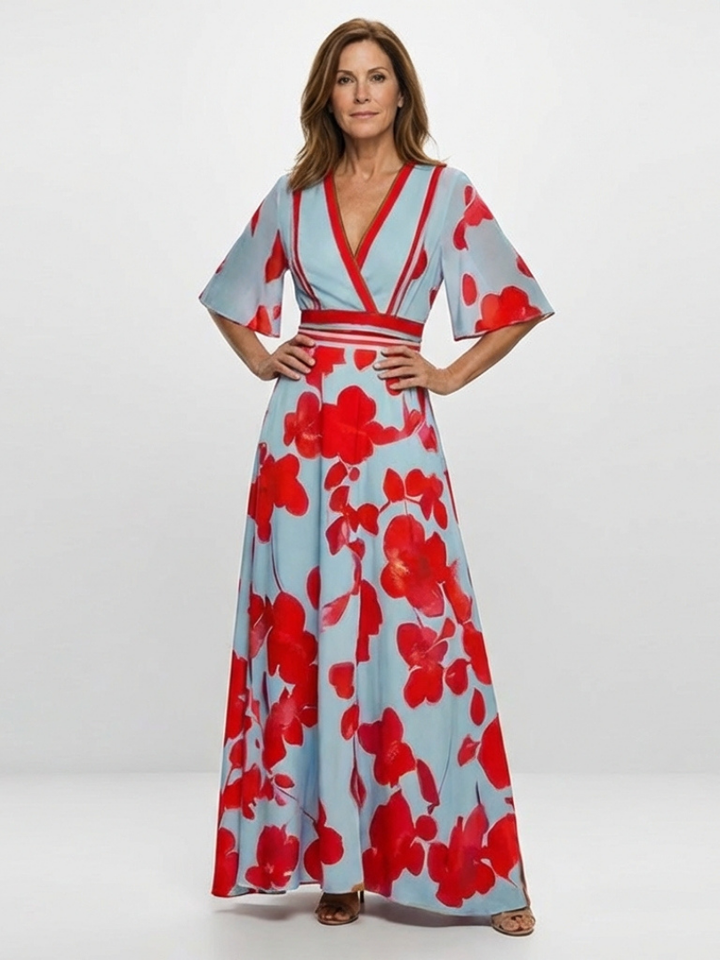 Corinne | Abito Maxi Floreale con Scollo a V e Maniche Corte
