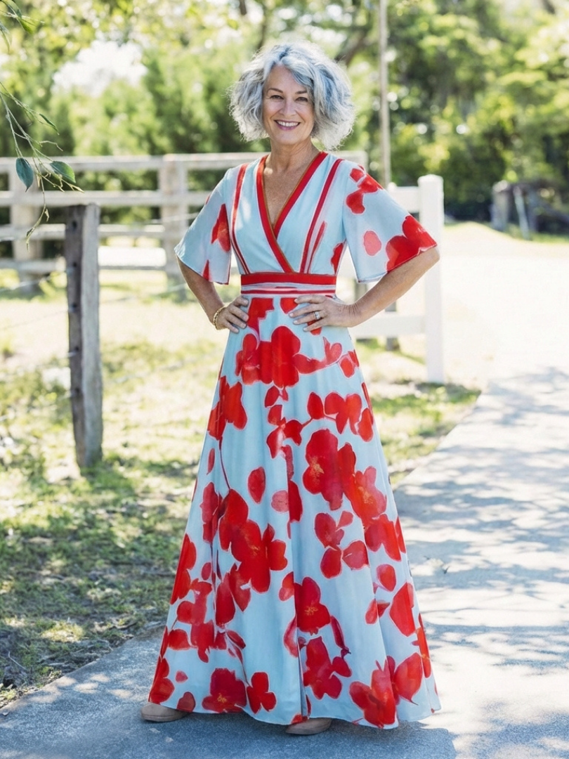Corinne | Abito Maxi Floreale con Scollo a V e Maniche Corte