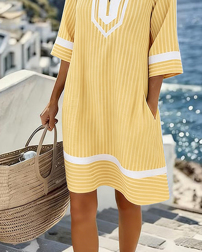 Klara | Vestito a Maniche Corte a Righe con Scollo a V