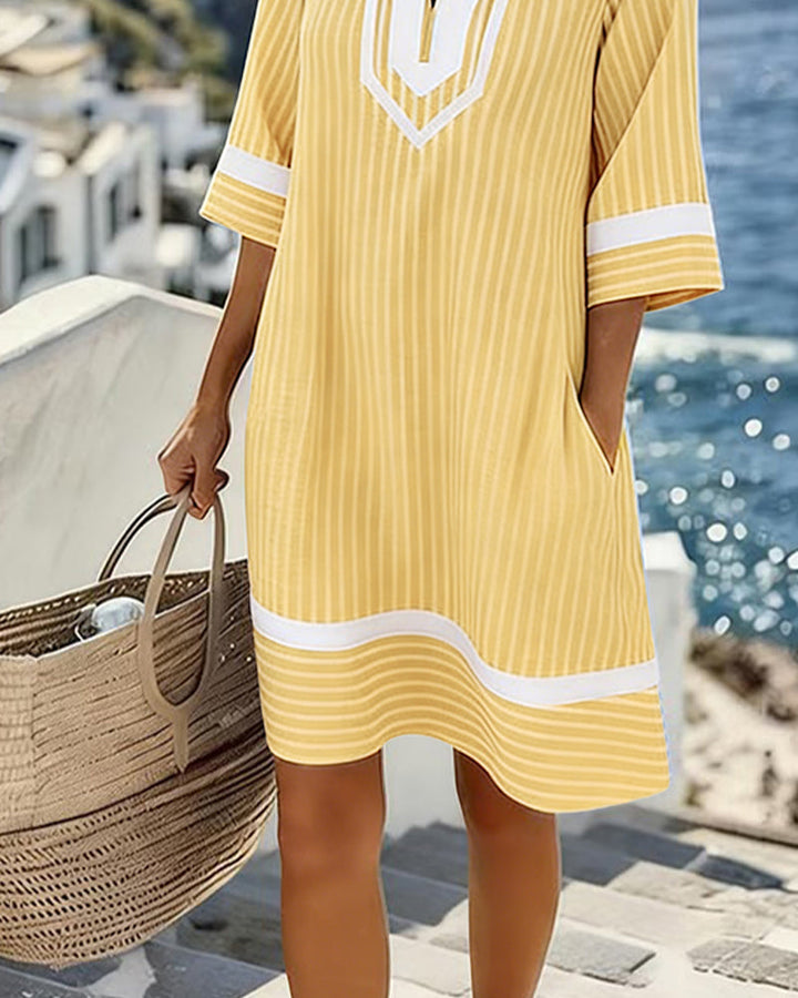 Klara | Vestito a Maniche Corte a Righe con Scollo a V