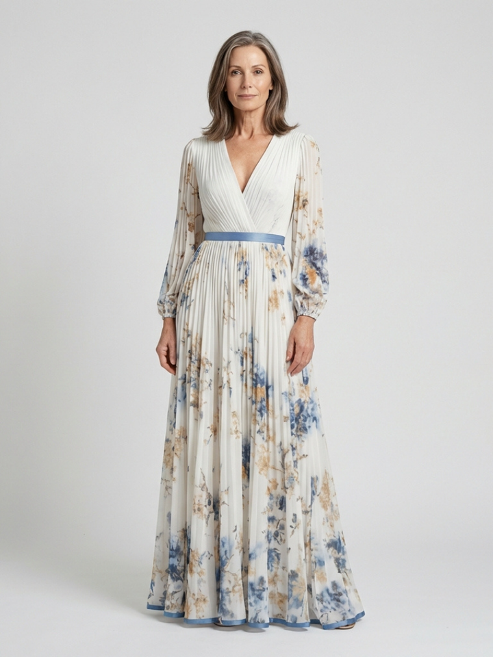 Lavinia | Abito Maxi a V con Maniche Lunghe e Stampa Floreale