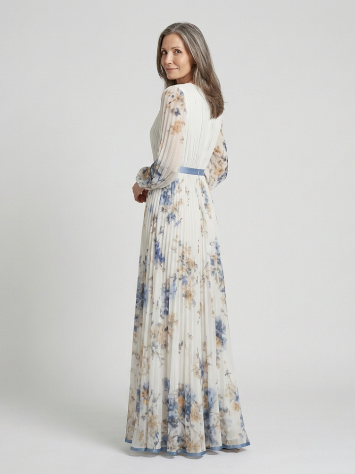 Lavinia | Abito Maxi a V con Maniche Lunghe e Stampa Floreale