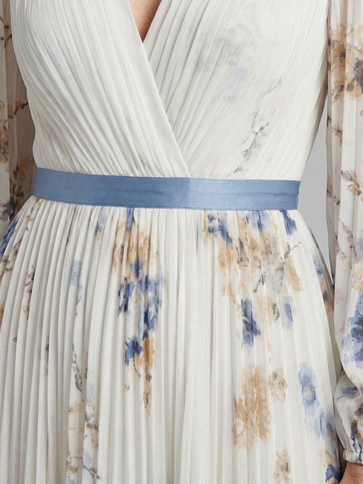Lavinia | Abito Maxi a V con Maniche Lunghe e Stampa Floreale