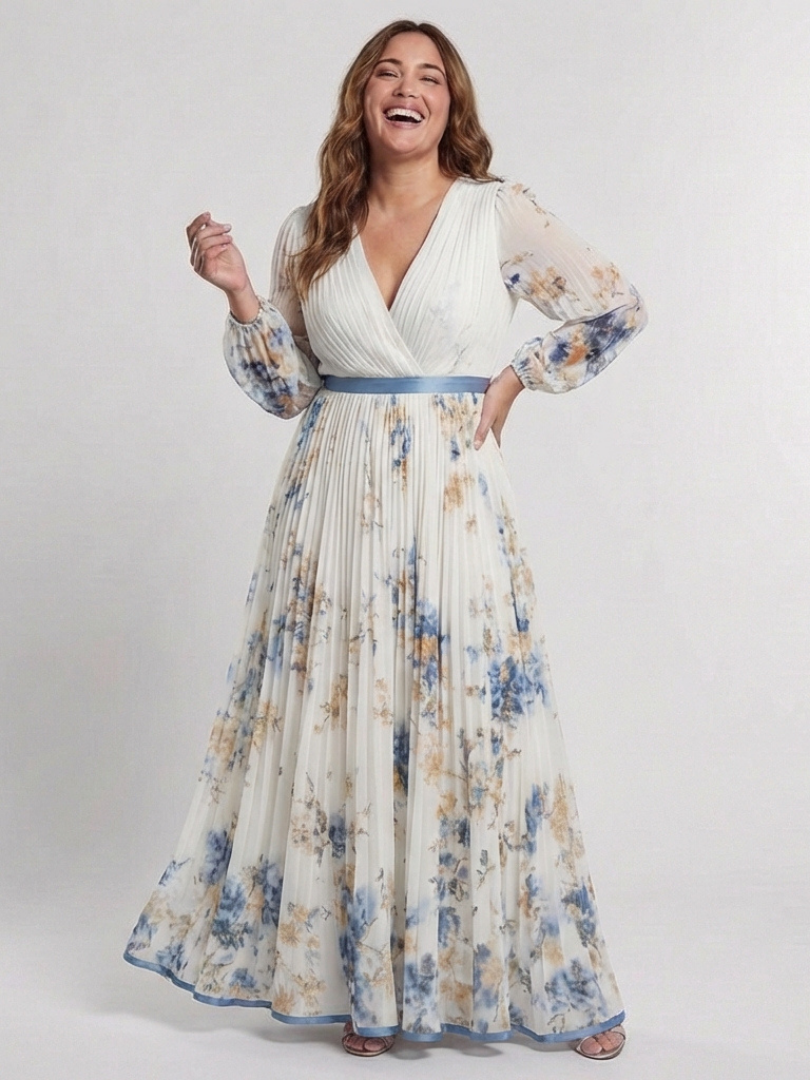 Lavinia | Abito Maxi a V con Maniche Lunghe e Stampa Floreale