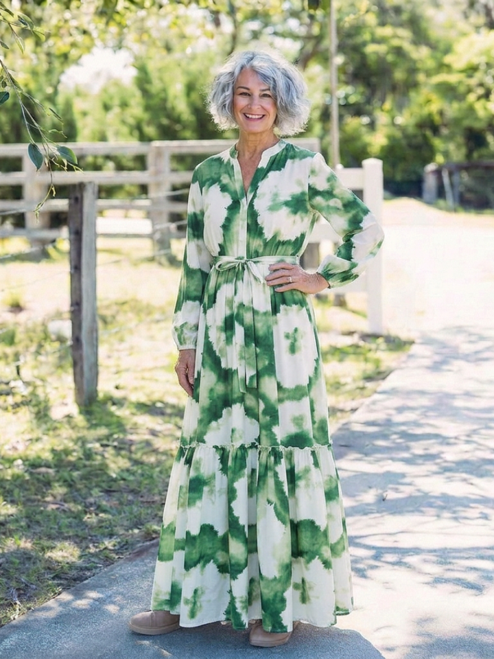 Sabine | Abito Maxi a Maniche Lunghe con Vita Legata e Volant