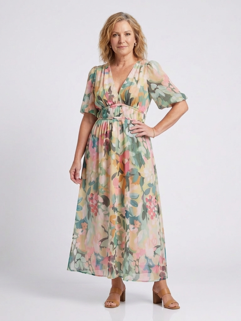 Eulalie | Abito midi a maniche corte con scollo a V e vita arricciata