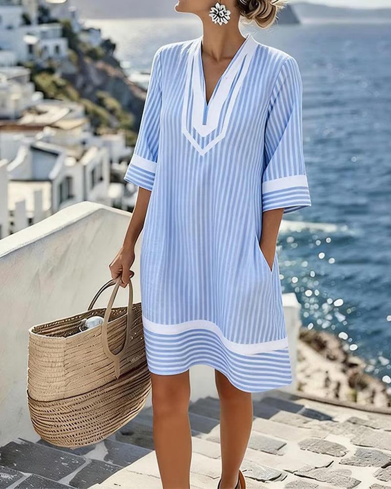 Klara | Vestito a Maniche Corte a Righe con Scollo a V