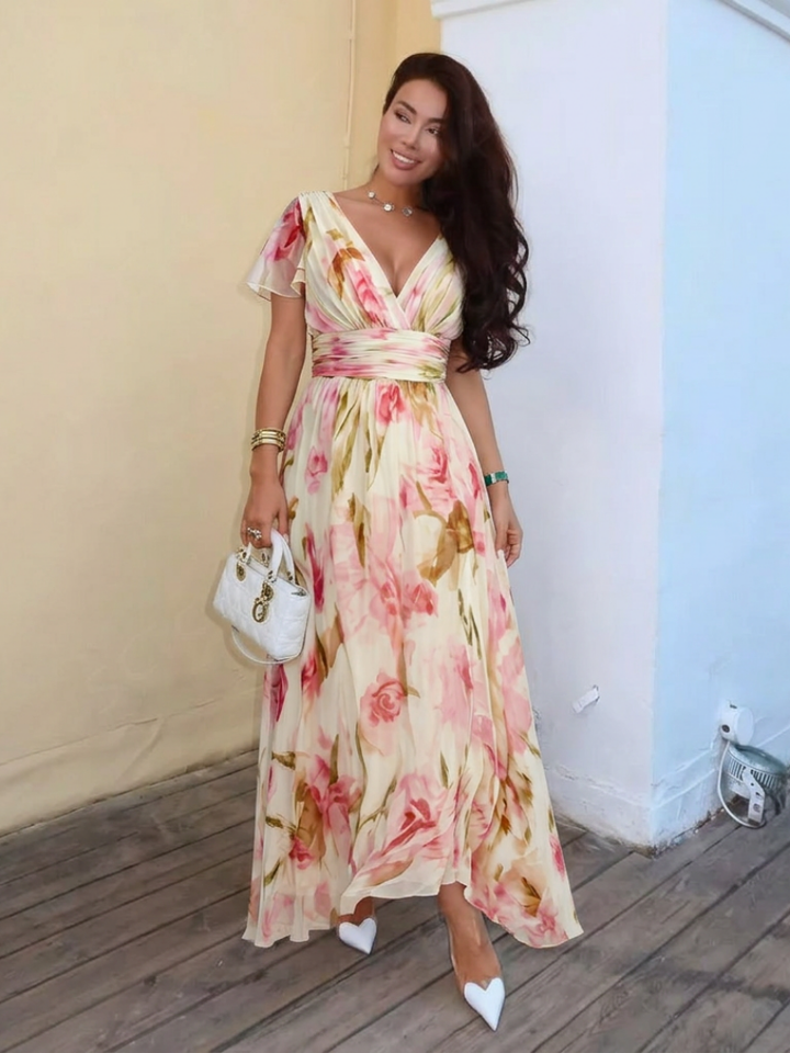 Elara | Abito Maxy Floreale con Maniche Corte a V