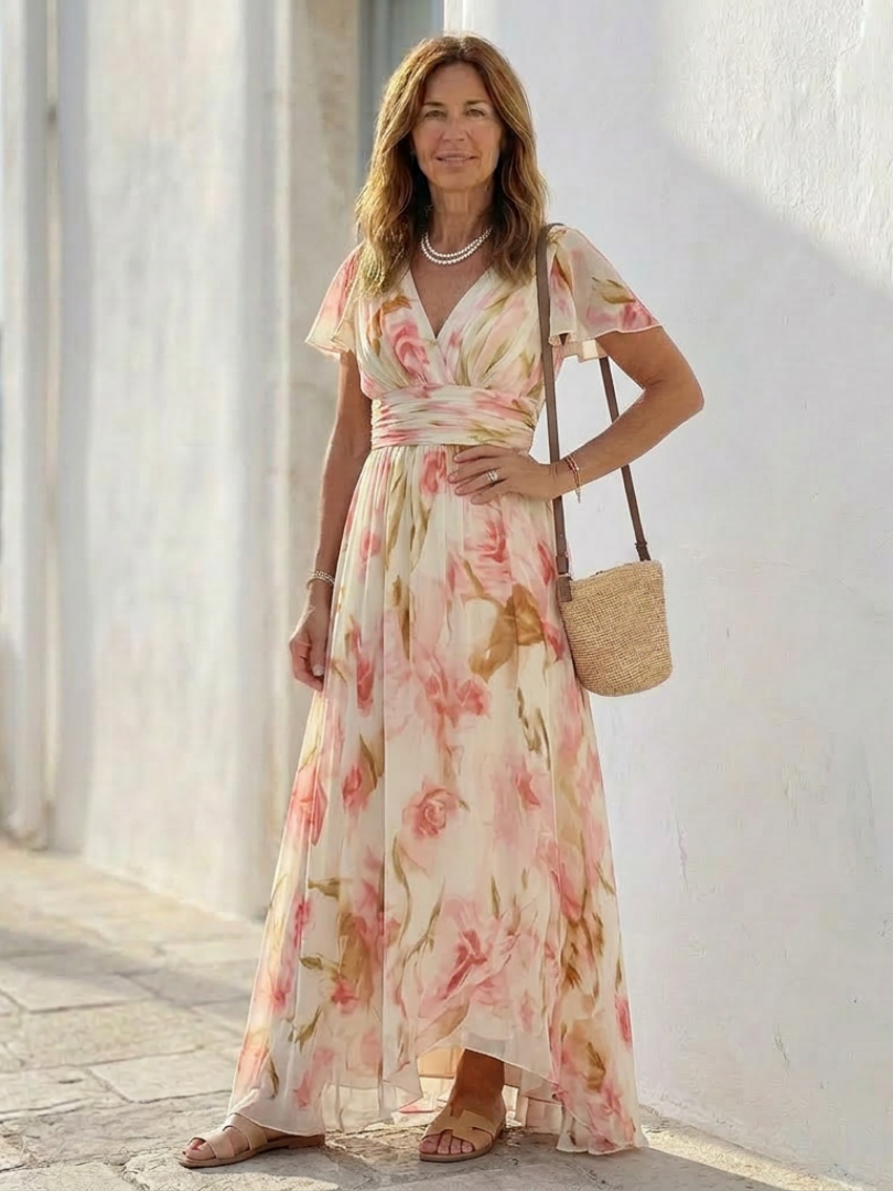 Elara | Abito Maxy Floreale con Maniche Corte a V
