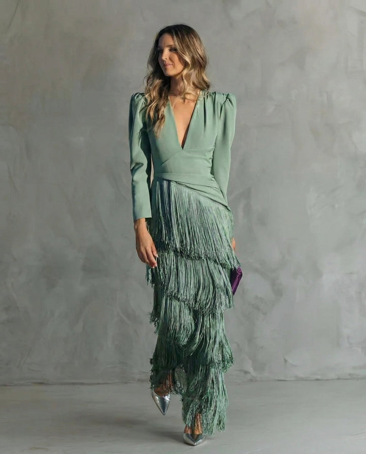 Alessia - Abito midi elegante con maniche a frange