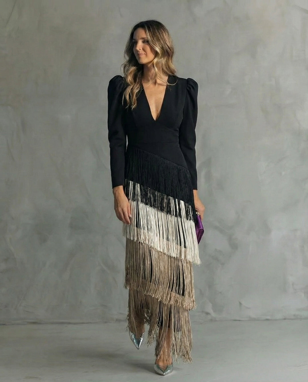 Alessia - Abito midi elegante con maniche a frange