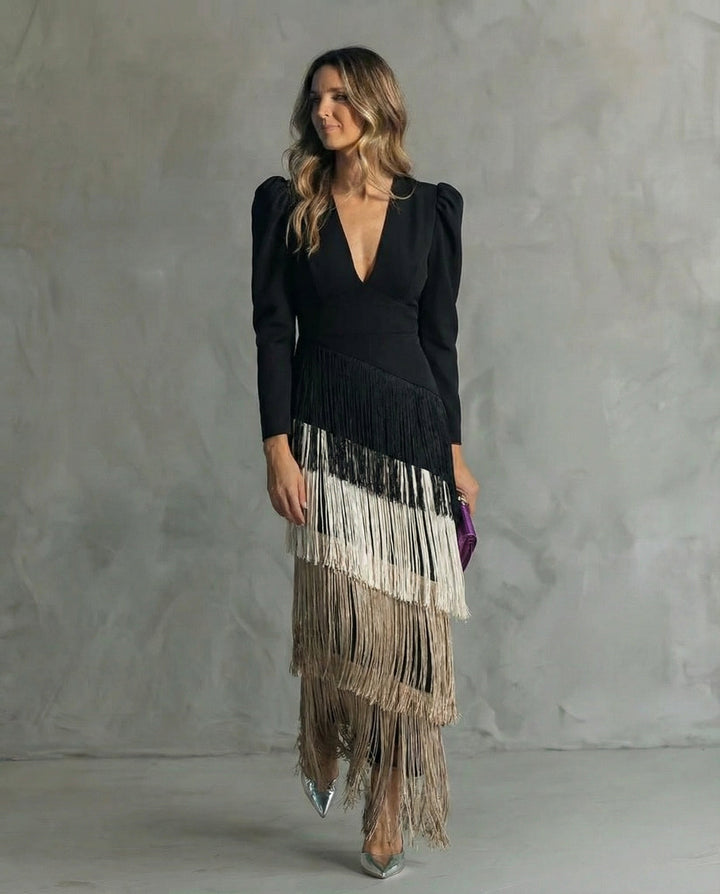 Alessia - Abito midi elegante con maniche a frange
