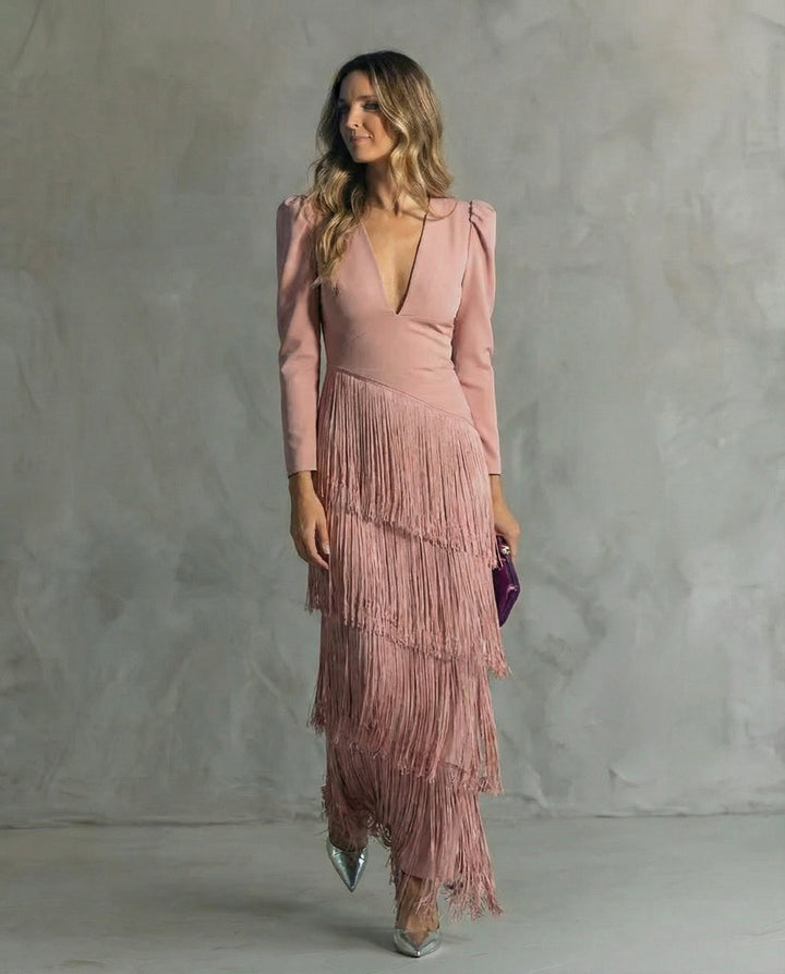 Alessia - Abito midi elegante con maniche a frange
