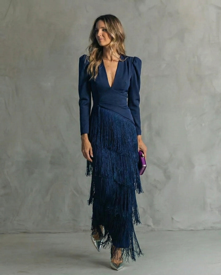 Alessia - Abito midi elegante con maniche a frange