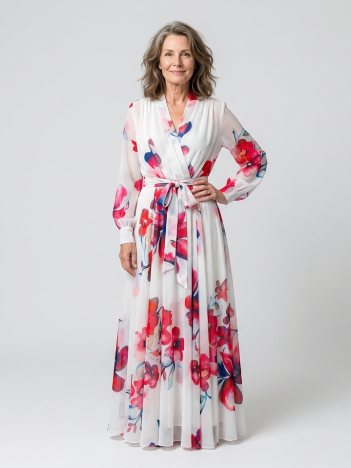 Lillian | Abito Maxi Avvolgente a Maniche Lunghe con Fantasia Floreale