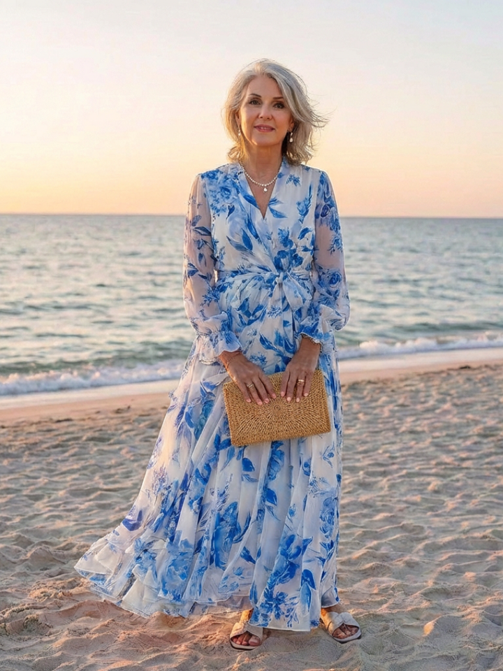 Lillian | Abito Maxi Avvolgente a Maniche Lunghe con Fantasia Floreale